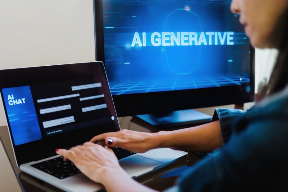 Frau sitzt an Laptop vor einem Chatbot